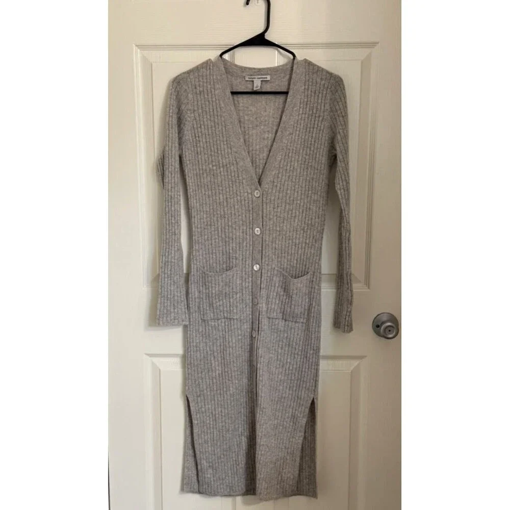 Autumn Cashmere 100% Cashmere Ribbed Long Cardigan Sweater Gray Size S